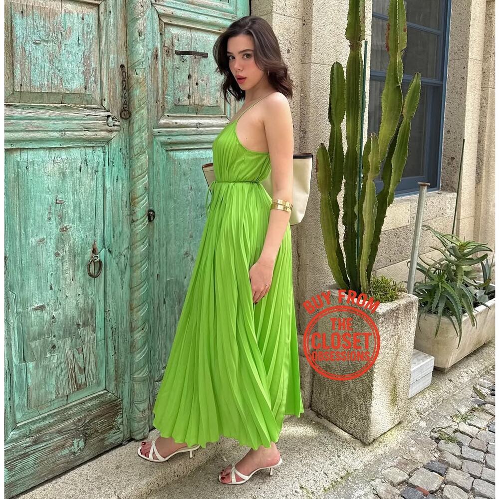 Mango NWT Lime Green Pleated Midi Dress Bow Belt 6 8 - Picture 7 of 16